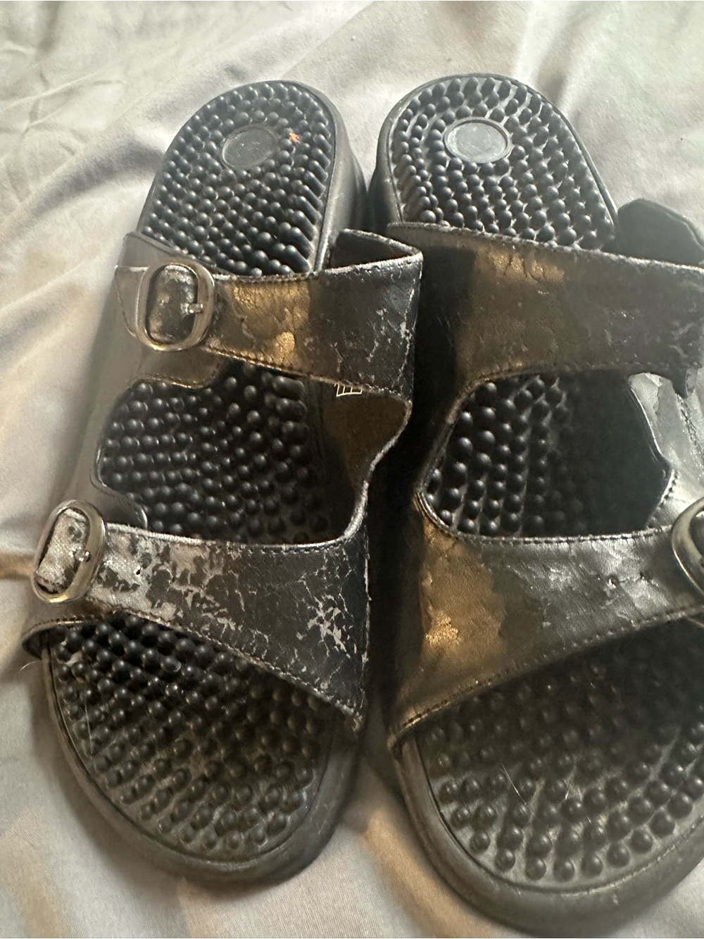 Women’s Black Double-Strap Slide Sandals with Buckle